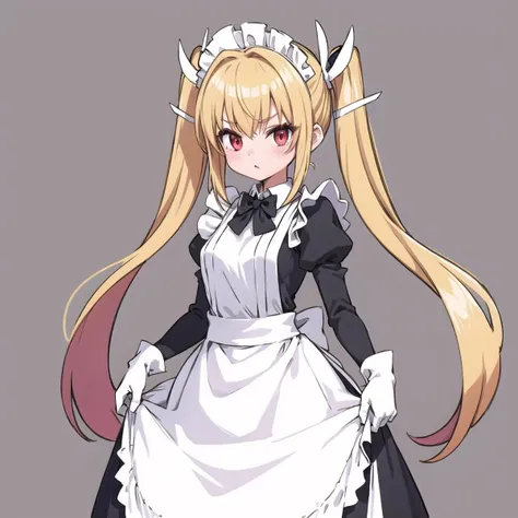 masterpiece, best quality,
1girl, solo, <lora:hiting-vpserena2:0.7>vpserena, shiny, blonde hair, twintails, red eyes
(Maid dress:1.3),maid, white shirt, long shirt, long sleeves, black bow tie, bow tie brooch, maid headdress, maid apron,White gloves with