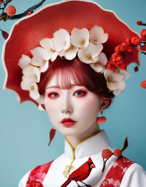 a close up of a woman wearing a red hat and a red bird