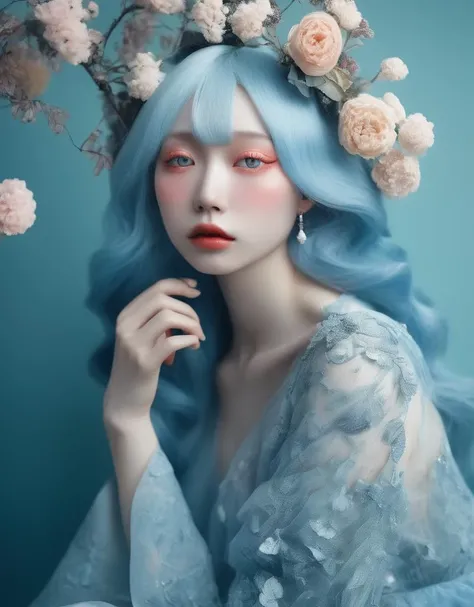 a commercial photo portrait of instagram model, the Ethereal Portraits, fashionable 2020s Japanese girl, detailed skin texture, 16yo girl, hyper real photo, , Albinism and Heterochromia by Bella Kotak, girly portrait in studio shoots, Albina Albina, Femini...