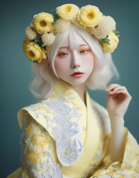 a commercial photo portrait of cosplay model, the Ethereal Portraits, fashionable 2020s Japanese cosplay girl, detailed skin texture, 16yo girl, hyper real photo, , Albinism and Heterochromia by Bella Kotak, girly portrait in studio shoots, Albina Albina, ...