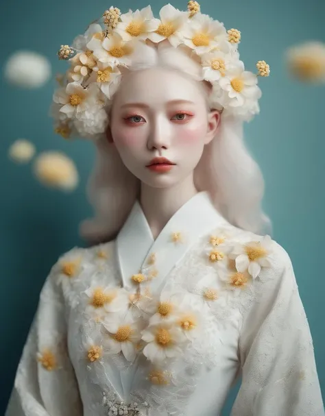 a commercial photo portrait of instagram model, the Ethereal Portraits, fashionable 2020s Japanese girl, detailed skin texture, 16yo girl, hyper real photo, , Albinism and Heterochromia by Bella Kotak, girly portrait in studio shoots, Albina Albina, Femini...