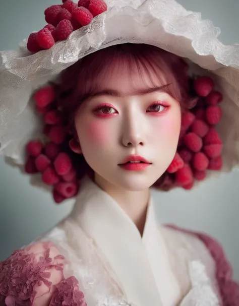 a close up of a woman with a hat and raspberries on her head