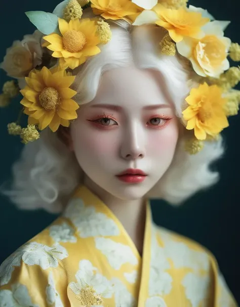 a commercial photo portrait of cosplay model, the Ethereal Portraits, fashionable 2020s Japanese cosplay girl, detailed skin texture, 16yo girl, hyper real photo, , Albinism and Heterochromia by Bella Kotak, girly portrait in studio shoots, Albina Albina, ...