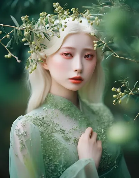 a woman with white hair and a green dress is standing in a forest