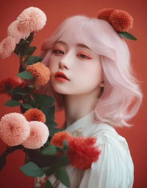 a woman with pink hair and pink flowers in her hair