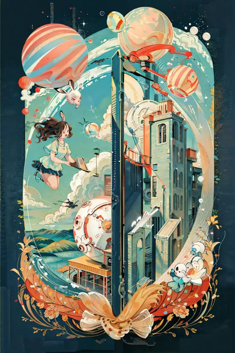 a close up of a poster with a clock and a building