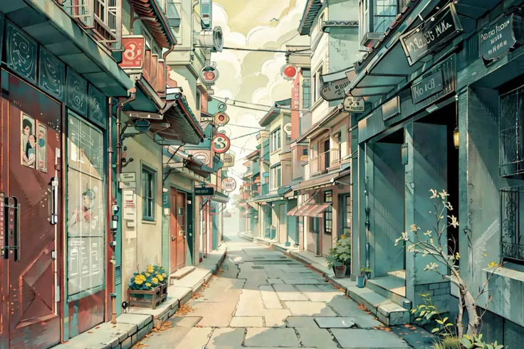 anime scenery of a narrow alley with a tree and buildings