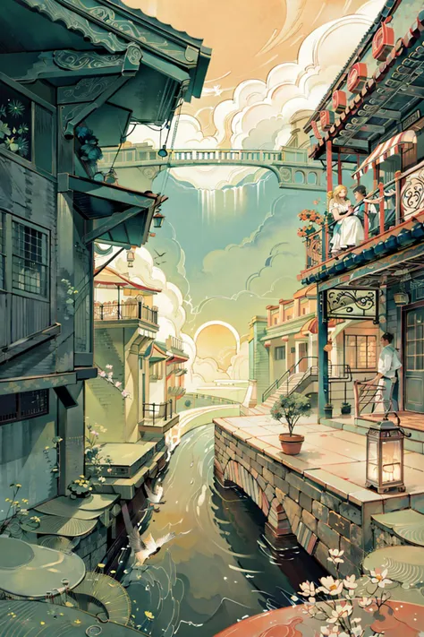 anime scenery of a river with a bridge and buildings