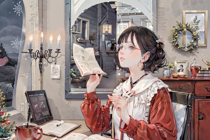 anime girl reading a book in a dining room with a candle