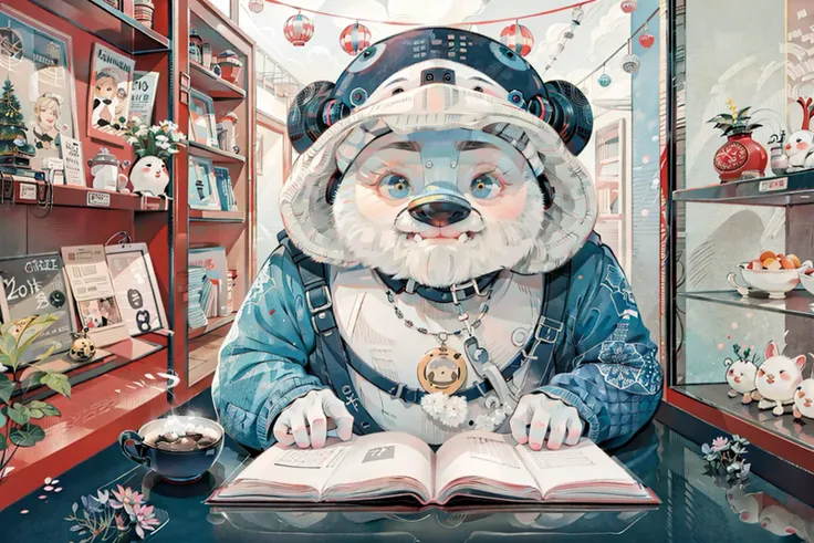 painting of a bear reading a book in a store