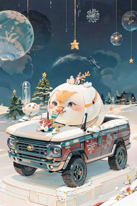 there is a cartoon character in a truck driving through a snowy landscape