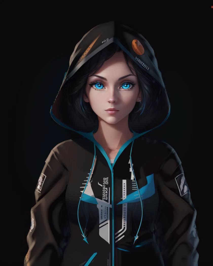 a woman in a hoodie with blue eyes and a hoodie