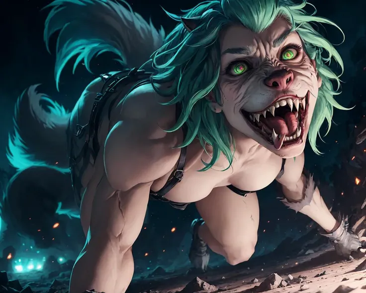 .1girl jibril, beautiful, ,unconscious fully flesh face,long fangs,sharp canine teeth,bio-punk,android,, full body shot from the ground, extreme detail,,eyes rolled back,young,s, head tilted to side,neon green hair, realistic, real, perfect claws,jibril ...