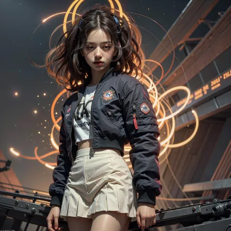 1girl, (pleated skirt, retro bomber jacket 80s), solo, fire, outer space, official art, unity 8k wallpaper, ultra detailed, beautiful and aesthetic, masterpiece,best quality, glowing skin, (floating colorful sparkles:1) the most beautiful form of chaos, el...