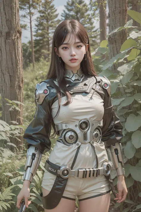 (best quality:1.4), intricate detailed, 20 years old korean girl, cyborg, detailed forest