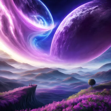 purple planets in the sky with a couple of people standing on a hill