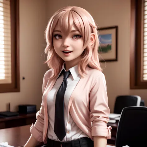 there is a woman with pink hair and a tie sitting at a desk