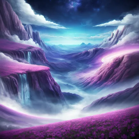 purple mountains and flowers in a purple sky with a purple moon