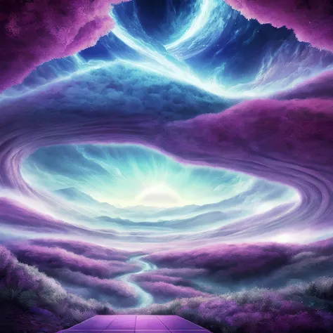 a purple and blue painting of a spiral tunnel with a sky background