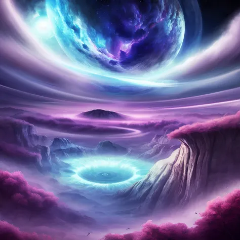 a painting of a purple and blue sky with a spiral