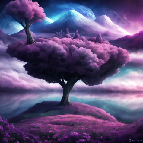 a painting of a tree with purple flowers in the foreground