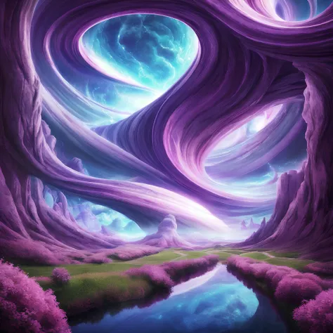 a painting of a purple and blue swirly landscape with a stream