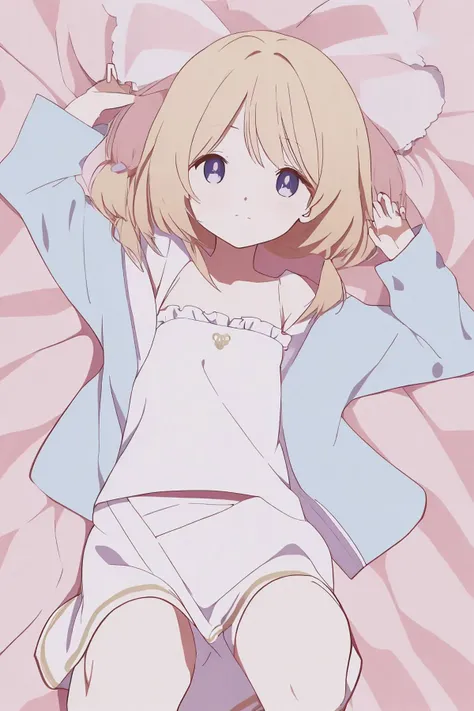 anime girl laying on a bed with her arms up