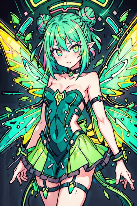 highly detailed, sharp focus, illustration,  high sharpness, masterpiece, multicolored neon hair, neon magic, neon wings, neon splashes, <lyco:EnvyRadioactive01:0.8>, (neon colors), TinkerWaifu, single hair bun, strapless green dress, fairy wings,  <lora:s...