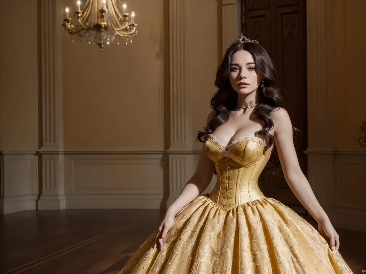 Belle, (yellow dress, tiara, long skirt), in the grand hall of a mansion, <lora:Outfit_EmpressCorset:0.9>3mpr3ss, corset, posture collar, Mj, cinematic, (masterpiece:1.5), (absurdres:1.5), modelshoot style, (8k uhd:1.5), (4k, intricate:1.5), (incredibly po...