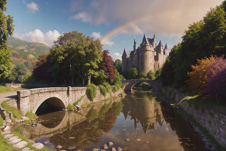 (a beautiful cobblestone bridge going over a river:1.5) (Irish-castle-in-the-distance:1.4) (epic-fantasy:1.4) (fairy-tale-forest:1.4) (fairy-tale-scene:1.4) (rainbow-magic:1.4) (breathtaking:1.4) (picturesque:1.4) (idealistic:1.4) (masterfully-portrayed:1....