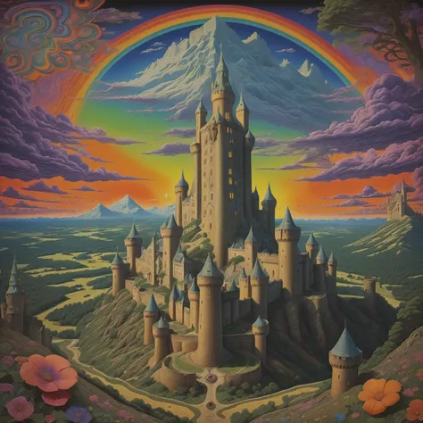 <lora:psychedelic-landscape:0.85> psychedelic landscape, (medieval castle on top of a mountain:1.3)