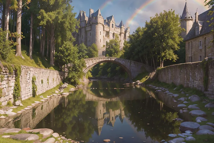 (a beautiful cobblestone bridge going over a river:1.5) (Irish-castle-in-the-distance:1.4) (epic-fantasy:1.4) (fairy-tale-forest:1.4) (fairy-tale-scene:1.4) (rainbow-magic:1.4) (breathtaking:1.4) (picturesque:1.4) (idealistic:1.4) (masterfully-portrayed:1....