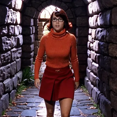 <lora:Velma_train2:0.85> velma, wearing a turtleneck sweater, skirt, in a dark stone dungeon