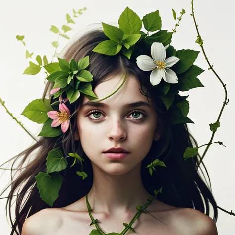 (AS-YoungerV2:1.4), Epic realistic, cinematic, (dynamic lights and shadows:1.2), fujifilm, (super skinny young looking girl:1.4), a plant cyborg girl:1.2, medium portrait:1, plants growing out of her head and body, vines wrapped around her bare skin, color...