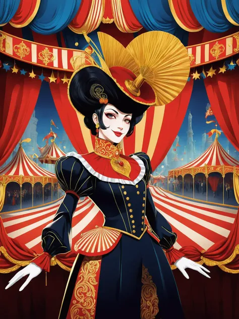 graphical anime portrait of A charismatic and enigmatic circus performer, in the heart of a dazzling big top:1.3, with acrobatic grace:1.3, adorned in elaborate costumes:1.3, a captivating smile:1.3, and a world of secrets behind the curtains:1.3., Megacit...