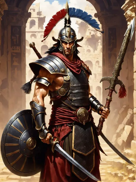 graphical anime portrait of A fierce and battle-worn gladiator, in the heart of an ancient arena:1.4, with scars that tell tales:1.4, holding a weapon of destruction:1.4, a determined expression:1.4, and a longing for freedom:1.4., Synthetic reality , <lor...