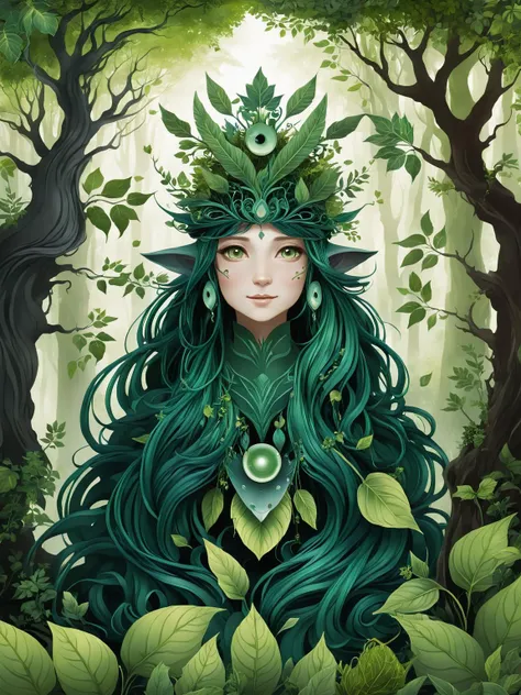 graphical anime portrait of A whimsical forest spirit, surrounded by enchanted flora:1.3, with a mischievous grin:1.3, wearing a crown of leaves:1.3, eyes filled with ancient wisdom:1.3, and a connection to the natural world:1.3., Outlandish , <lora:Fusion...