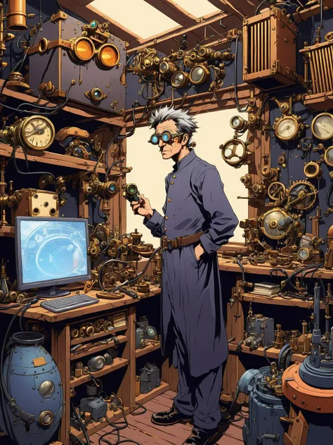 graphical anime portrait of A quirky inventor with wild contraptions:1.3, in a cluttered workshop:1.3, with goggles pushed up on their forehead:1.3, a gleam of brilliance in their eyes:1.3, and an insatiable curiosity:1.3. , <lora:Fusion_Graphic_SDXL:1>