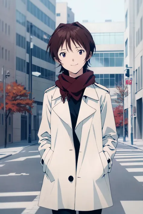 (RAW photo, best quality), 1girl,  natural lighting <lora:eva_yui_ikari_v2_2:1>, yui ikari, smile, outdoor,
autumn, city streets, trench coat, scarf, windy,