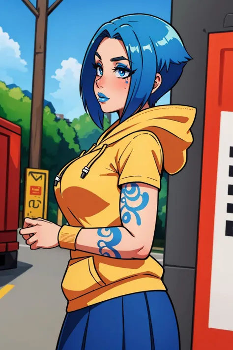 a cartoon of a woman with blue hair and tattoos standing in front of a gas station