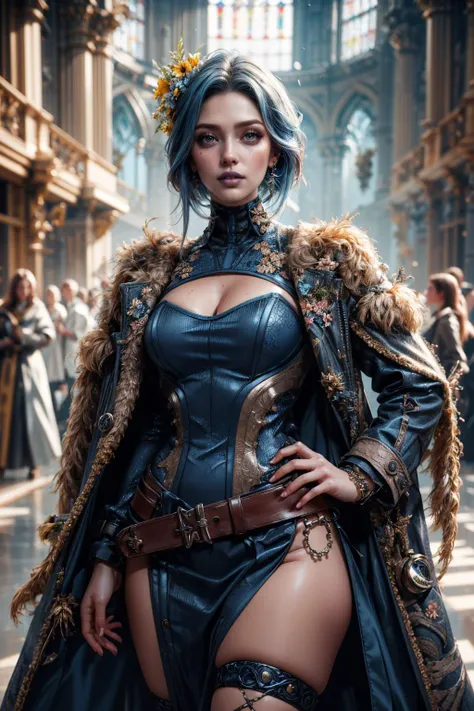 {{MAYABL2}},(space opera, A sci-fi medieval church,Blue and yellow theme),neat,depth of field,plant(Blue flower),
see-through gloves, belt,flowers tattoo,Master,(coat,overcoat:1.3),break(High_neck bodysuit),break enchanted (Cassock,suspender skirt),jewelry...