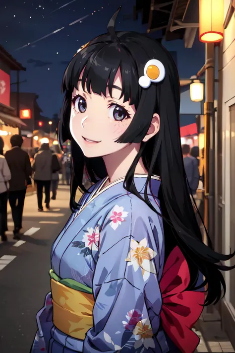 1girl, araragitsukihi, long hair, blunt bangs, indigo kimono, ahoge, hair ornament, japanese clothes, egg hair ornament, smile, outdoors, festival, night, masterpiece, best quality, detailed  <lora:araragi-tsukihi:0.8>