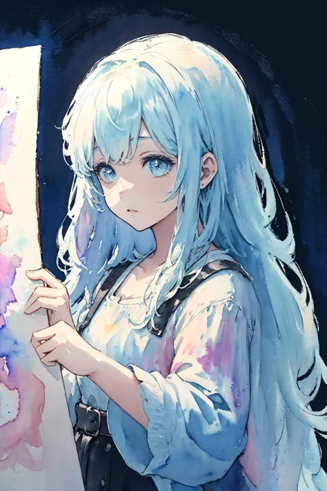 anime girl with blue hair holding a painting board in her hand