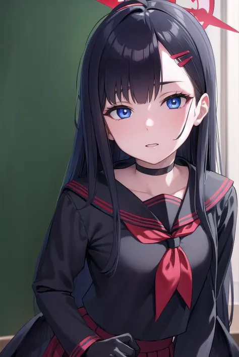 anime girl with long black hair and blue eyes in a school uniform