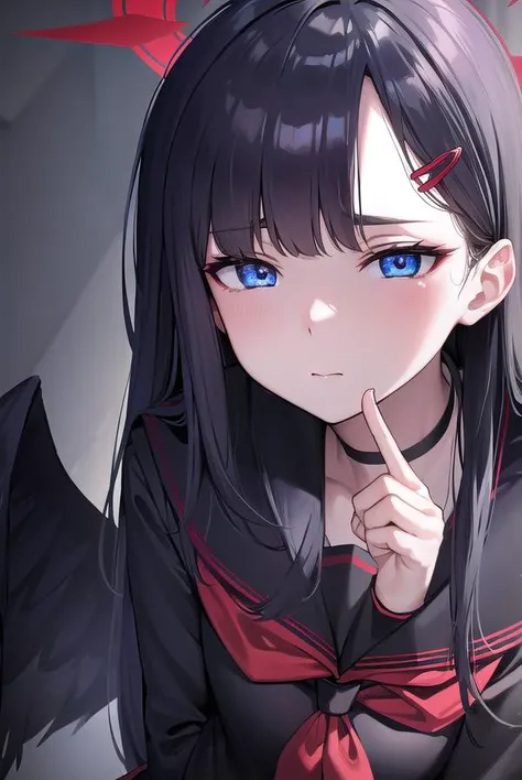 anime girl with blue eyes and black hair with a red bow