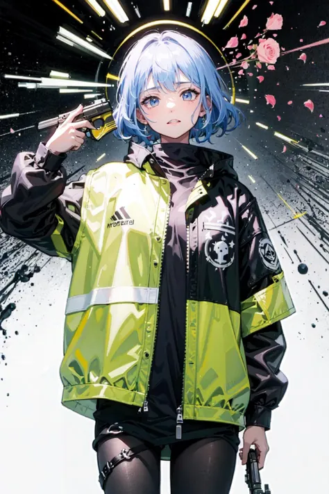 a woman in a yellow jacket holding a gun and a gun