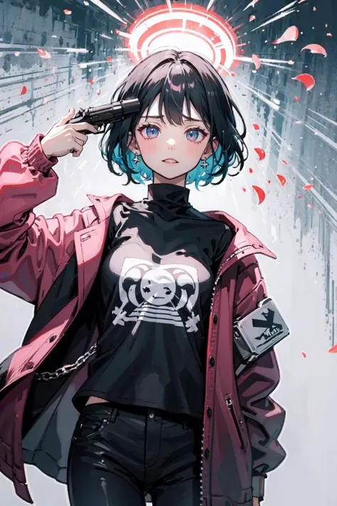 anime girl with blue eyes and a pink jacket holding a gun