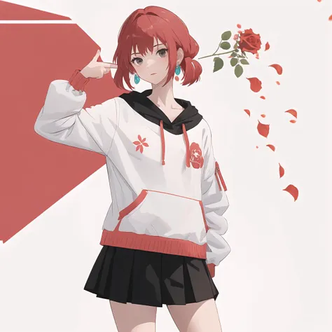 anime girl with red hair and white hoodie holding a rose