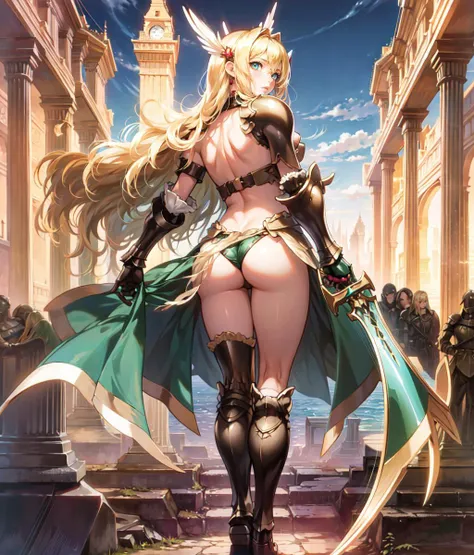 masterpiece, high res, detailed face, detailed eyes, anime screencap, 1 girl, blonde hair, ass, seen from behind, long hair, bikini, green screen, gauntlets, greaves, sword, hair ornament, full body, outdoors, medieval city  <lora:Valkyrie Bikini Warriors:...