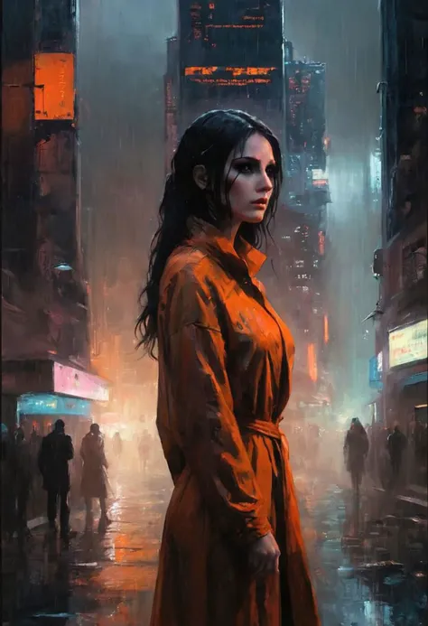 a painting of a woman in a trench coat standing in the rain